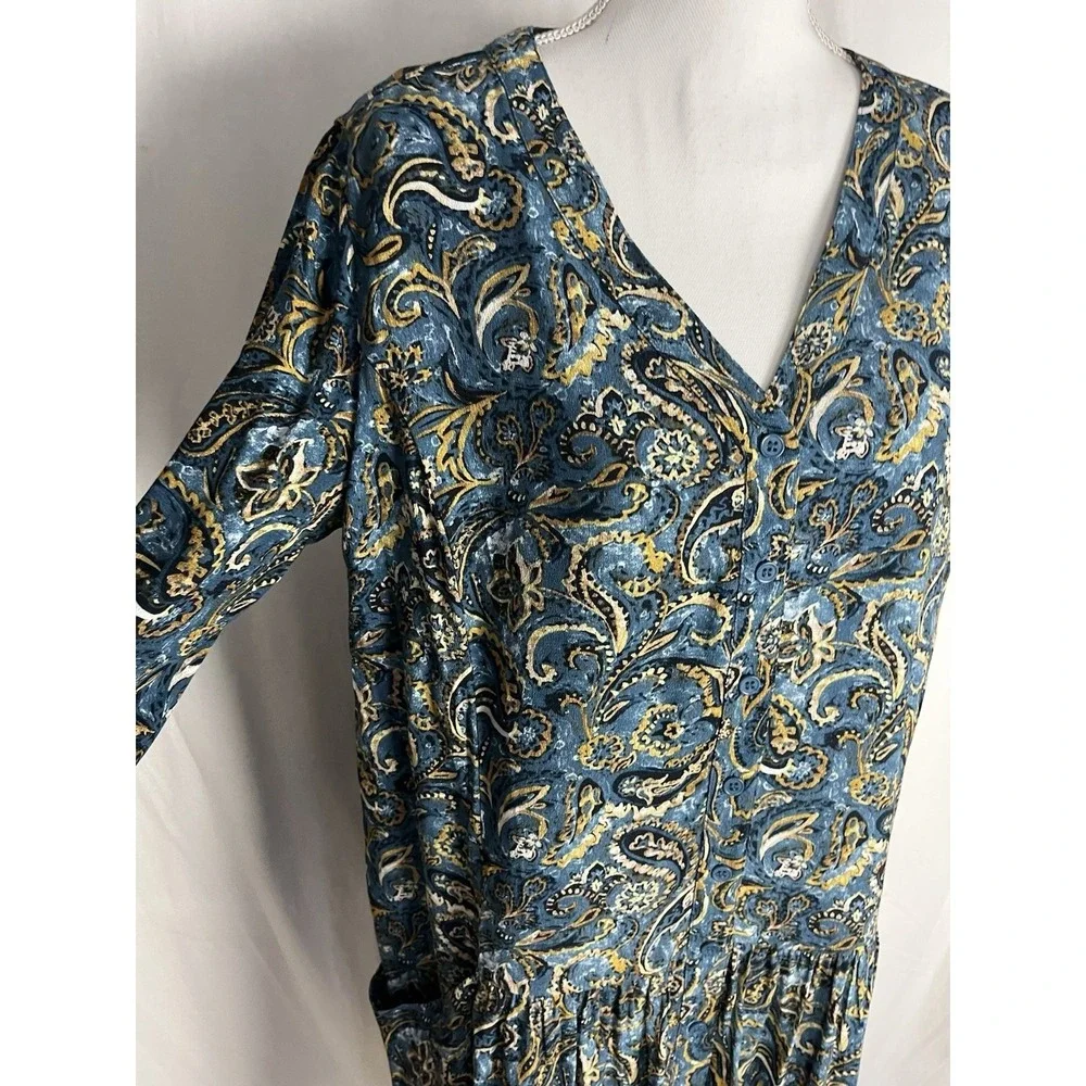 Garnet Hill Women's Size 10‎ Drop Waist Button Up Long Sleeve Teal Paisley Dress
